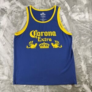 Corona Extra Mens Blue Yellow Ringer Tank Top Graphic Beer Sleeveless Shirt M